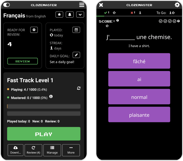 Screenshots of Clozemaster app