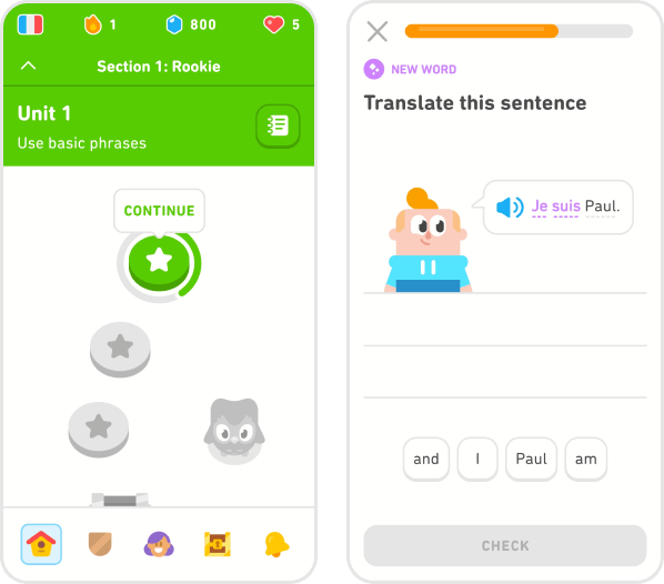 Screenshots of Duolingo app