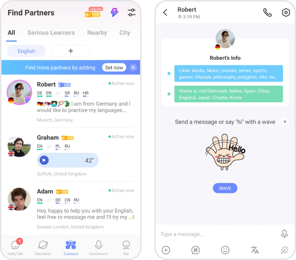 Screenshots of HelloTalk app