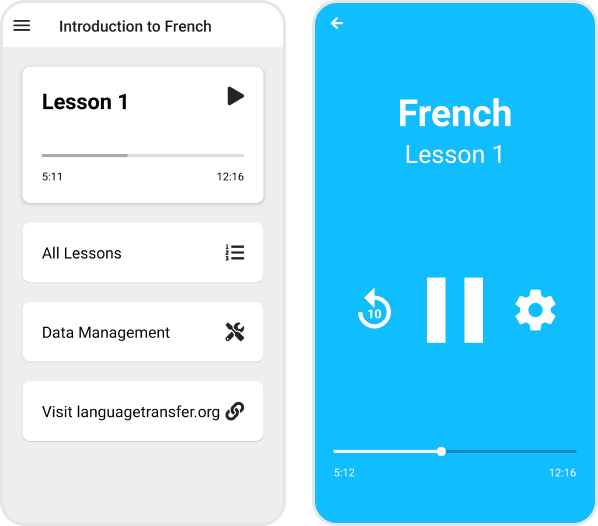 Screenshots of Language Transfer app