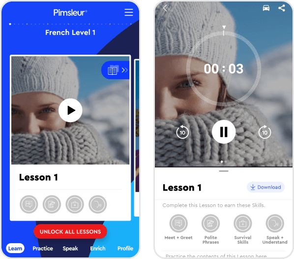 Screenshots of Pimsleur app