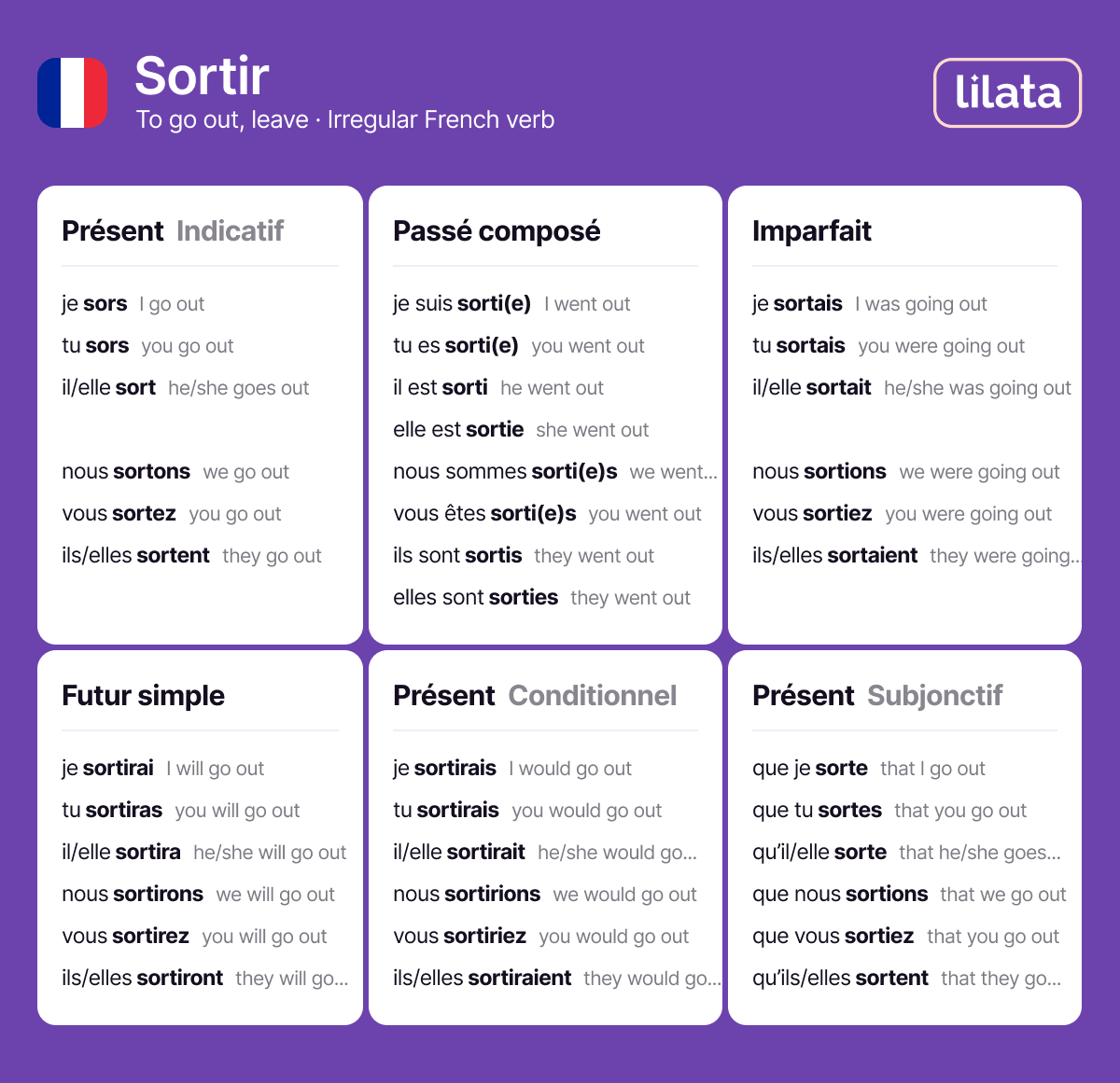 Conjugation of the verb sortir in French (chart)